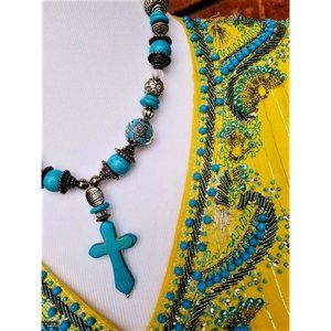 Necklace & Earrings Set. Cross. Turquoise Silver Beaded. Custom. New With Tags.